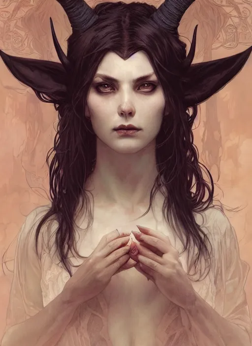 Image similar to a beautiful illustration of a satanic witch with horns in head, intricate, sharp focus, illustration, highly detailed, digital painting, concept art, matte, art by wlop and artgerm and greg rutkowski and alphonse mucha, masterpiece