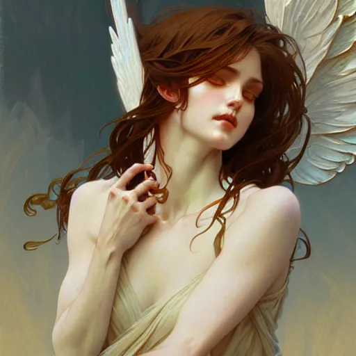 Image similar to Winged girl angel, fantasy, intricate, elegant, highly detailed, digital painting, artstation, concept art, smooth, sharp focus, illustration, art by Krenz Cushart and Artem Demura and alphonse mucha