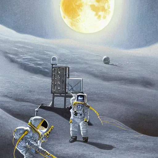 Image similar to fantasy illustration of moon landing by astronauts in high definition portrait