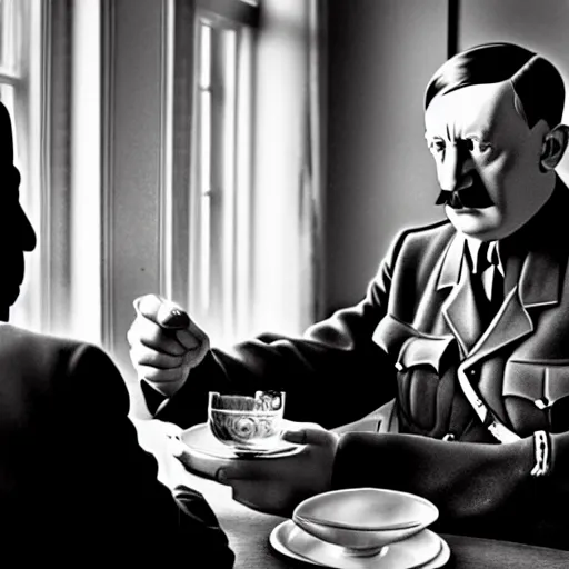 Image similar to a photo of hitler take tea with a muslim, photorealistic, realism, black and white