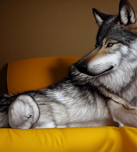 Image similar to a 4 k photorealistic photo of a wolf sitting on a bed in a yellow room