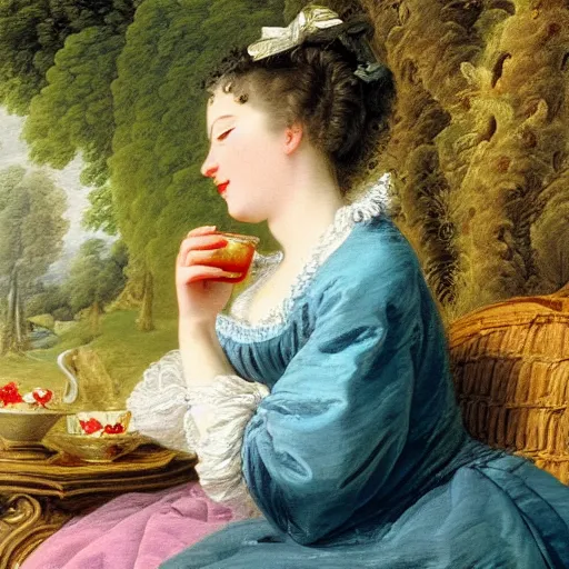 Image similar to a beautiful close - up portrait painting of a woman sipping tea in a park by francois boucher