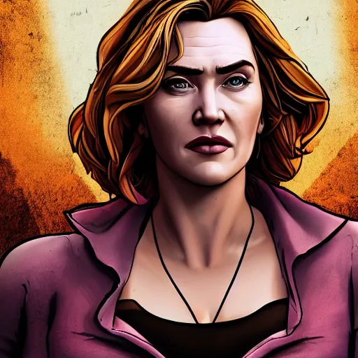 Image similar to kate winslet portrait, borderlands, tales from the borderlands, the wolf among us, comic, cinematic lighting, studio quality, 8 k