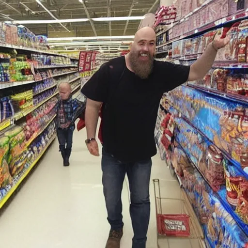 Prompt: kratos from god of war shopping at a walmart with walter white