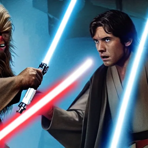 Image similar to a screen shoot of a star wars movie depicting a jedi versus sith fighting