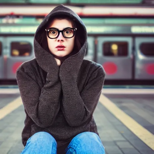 Prompt: attractive cartoon woman, dark brown hair, glasses, wearing jeans and a hoodie, emo, symmetrical, waiting at a train station