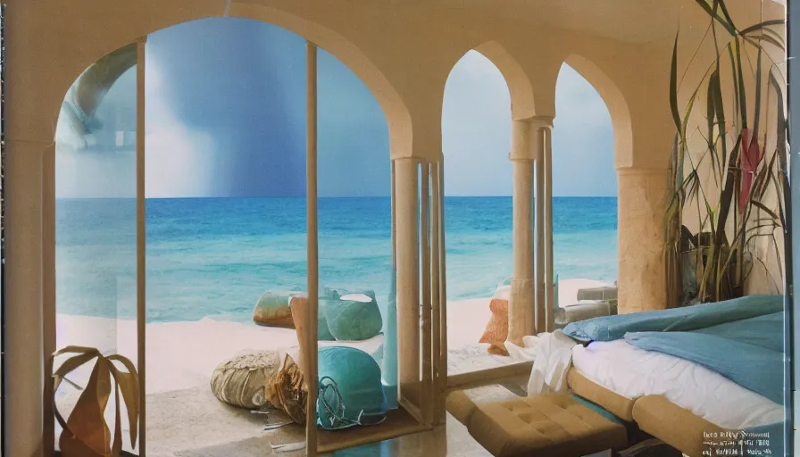 Image similar to A 1985 vintage magazine architecture photo of a bedroom, mediterranean architecture, refracted lines and sparkles, thunderstorm outside, beach and tropical vegetation on the background major arcana sky and occult symbols, hyperrealistic 8k uhd, award-winning, 1985