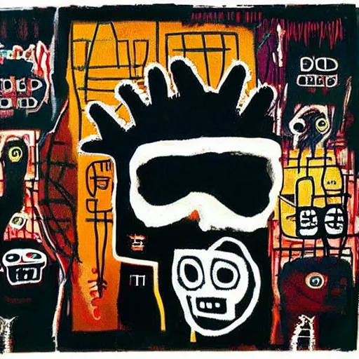Image similar to “pigs, bagels, diamonds, syringe, pathology, mask, latex gloves, by Jean-Michel Basquiat”