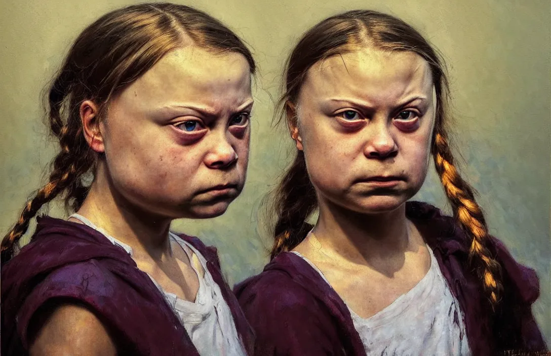 Prompt: portrait of greta thunberg looking angry!!!!!!!!!!!!!!!!!!!!!!!!!!!, detailed face, detailed painting, epic lighting, by ilya repin, phil hale and kent williams