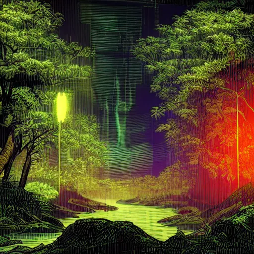 Prompt: a river flowing through the jungle at night, digital art, cyberpunk, cga graphics scheme