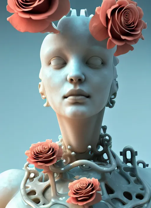 Image similar to perfume sitting on biomechanical corals, daisies, roses in sea foam water, well contoured smooth fair walls with marble statue, up close shot, sharp focus, global illumination, radiant light, alexandre ferra white mecha, irakli nadar, octane highly render, 4 k, ultra hd,