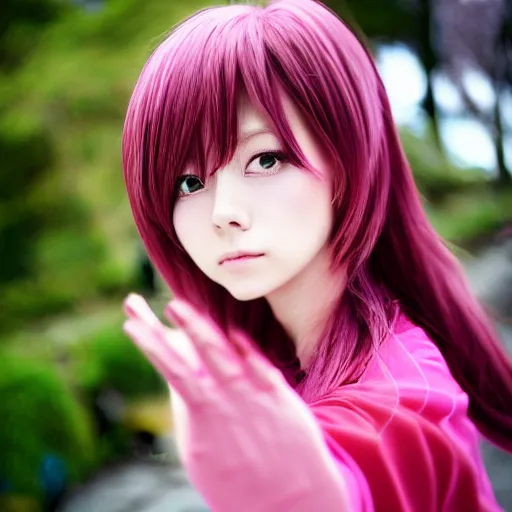 Image similar to ”Japanese anime girl, pink, extremely beautiful, action shot, by Kurahana Chinatsu”