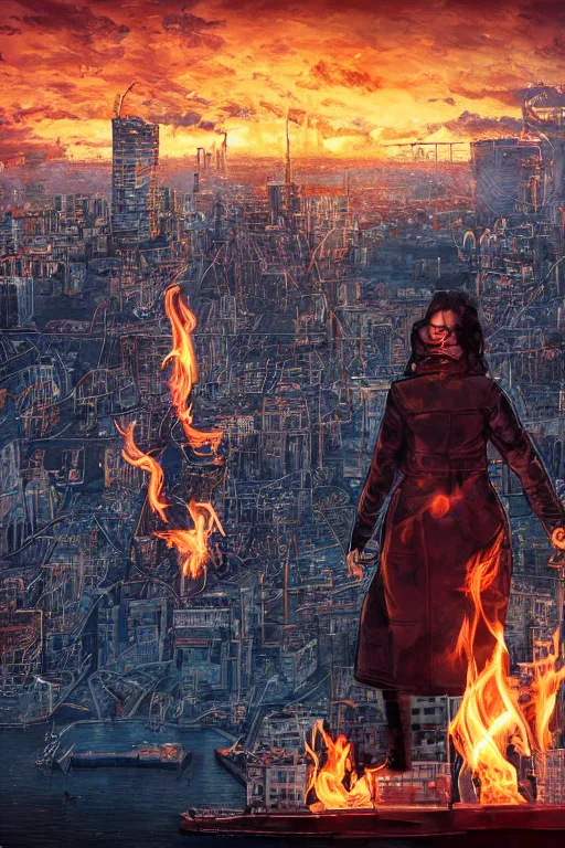 Image similar to in the foreground Saint Petersburg in cyberpunk, in the background a magnificent young blonde woman from behind playing with flames coming out of her hands wearing a long matrix-style jacket, realistic, high definition, many details, dramatic scene, symmetrical face, eyes realistic, art of enki bilal