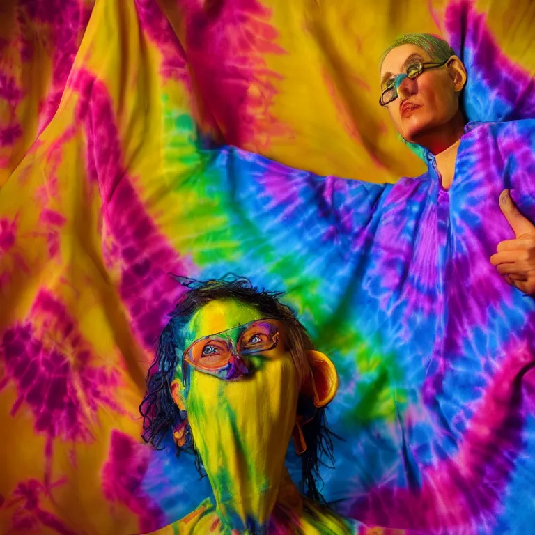 Image similar to octane render portrait by wayne barlow and carlo crivelli and glenn fabry, a woman wearing a skintight bright colorful tie - dye bedsheet costume, backlit, dramatic lighting, fog and mist, cinema 4 d, ray traced lighting, very short depth of field, bokeh