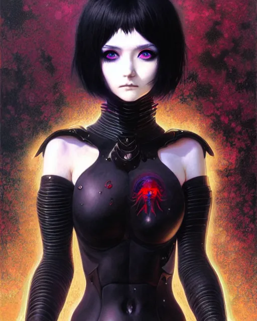 Image similar to portrait of beautiful cute goth girl with short white hairs in warhammer armor, art by ( ( ( kuvshinov ilya ) ) ) and wayne barlowe and gustav klimt and artgerm and wlop