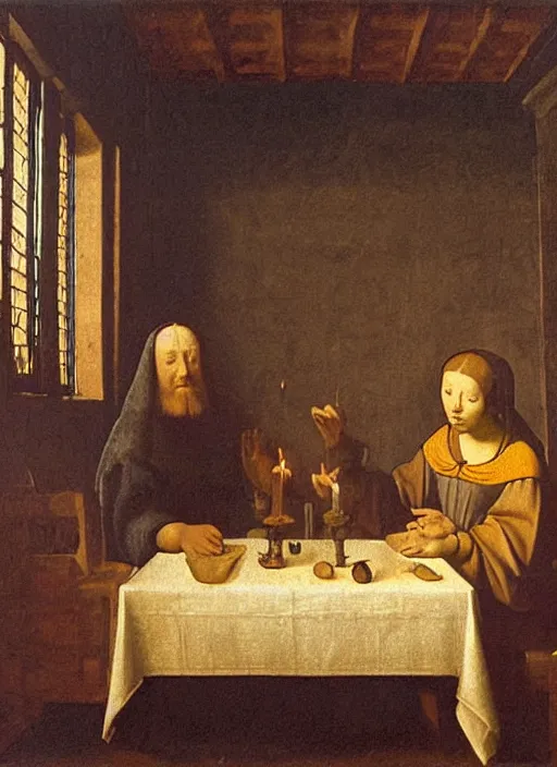 Image similar to a candlelit table at the inn, evening, dark room, two people sitting at the table, swirling smoke, dark smoke, realistic, in the style of leonardo da vinci, dutch golden age, amsterdam, medieval painting by jan van eyck, johannes vermeer, florence