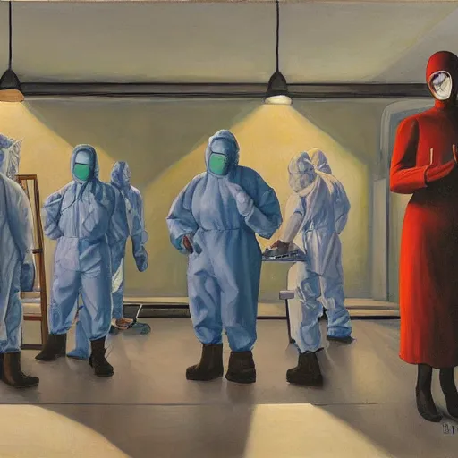 Prompt: pandemic hospital, hazmat suits, dystopian, pj crook, edward hopper, oil on canvas