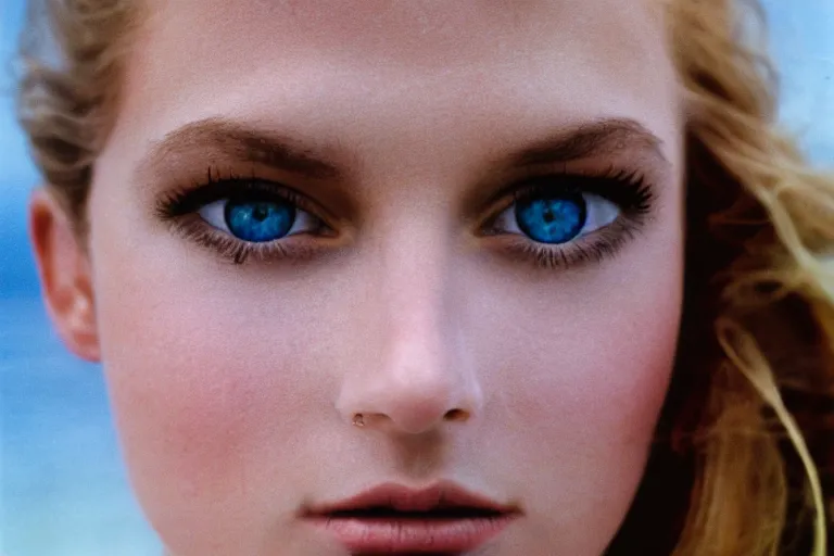 Prompt: close up portrait photography of a beautiful model with bright blue eyes standing in front of ocean, 35mm, kodak film photo, Patrick Demarchelier
