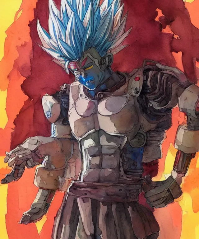 Image similar to a watercolor painting full body character portrait of a cyborg super saiyan martial artist in the style of moebius in the style of cyberpunk trending on artstation deviantart pinterest detailed realistic hd 8 k high resolution
