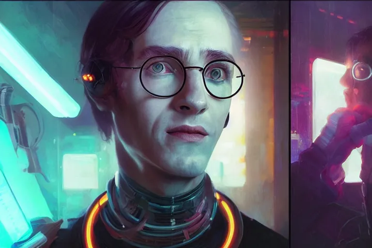 Image similar to portrait of cyborg Harry Potter in cyberpunk, neon lighting, portrait in center, digital art from artstation by Ruan Jia and Mandy Jurgens and Artgerm and william-adolphe bouguereau and Greg Rutkowski and Wayne Barlowe