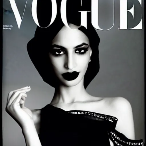 Prompt: a beautiful professional photograph by hamir sardar, herb ritts and ellen von unwerh for the cover of vogue magazine of a beautiful and unusually attractive moroccan female fashion model looking at the camera in a flirtatious way, zeiss 5 0 mm f 1. 8 lens