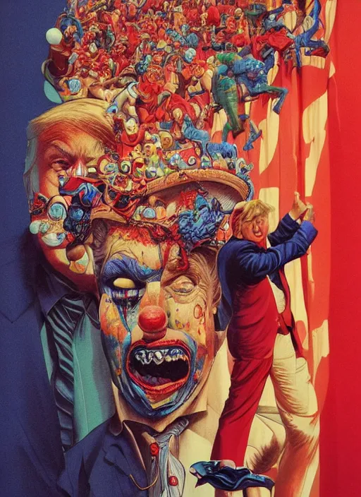 Prompt: donald trump is a disgusting clown, grotesque, horror, high details, intricate details, by vincent di fate, artgerm julie bell beeple, 1980s, inking, vintage 80s print, screen print