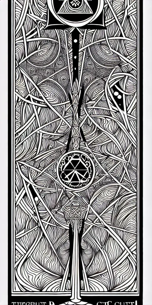 Image similar to a beautiful black and white fractal tarot card featuring bold occult imagery with clean lines. circuit board. detailed adult coloring book