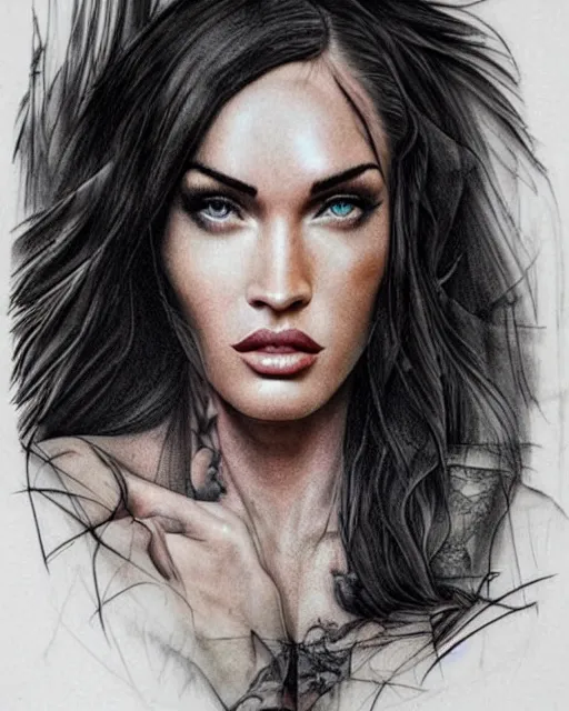 Image similar to double exposure effect tattoo design sketch of megan fox with amazing mountain scenery, realism tattoo, in the style of den yakovlev, amazing detail, sharp