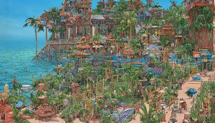 Prompt: beautiful seaside tropical village by moebius, intricate, very beautiful, highly detailed