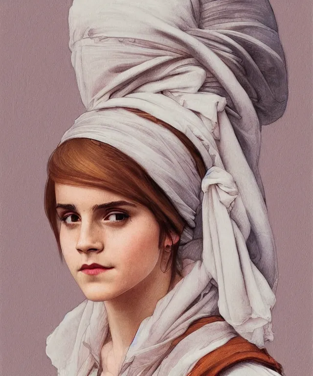 Image similar to Emma Watson as the girl with the pearl earring, highly detailed, digital painting, artstation, concept art, smooth, sharp focus, illustration, ArtStation, art by artgerm and greg rutkowski and alphonse mucha and J. C. Leyendecker and Edmund Blair Leighton and Katsuhiro Otomo and Geof Darrow and Phil hale and Ashley wood and Ilya repin and Charlie Bowater