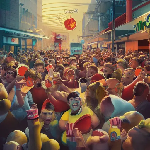 Image similar to people riot for getting macdonalds hamburgers. artstation, art surreal