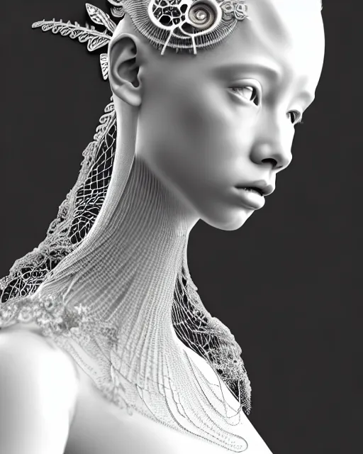 Prompt: bw 3 d render, stunning beautiful very young angelic cute biomechanical albino female cyborg with a porcelain profile face, rim light, big leaves and stems, roots, fine foliage lace, alexander mcqueen, art nouveau fashion embroidered collar, steampunk, silver filigree details, hexagonal mesh wire, mandelbrot fractal, elegant, artstation trending
