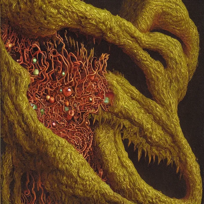 Prompt: close up portrait of a mutant monster creature with pulsating, phosphorescent, iridescent fractal protuberances. by jan van eyck, walton ford