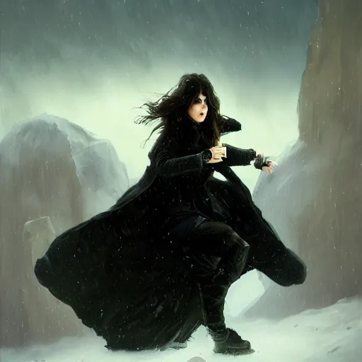 Image similar to furious dark haired women, wearing black coat, black makeup, ice mage, shooting ice, oil painting, by karl spitzweg, fantasy artwork, fantastic artwork, 4 k, trending on artstation