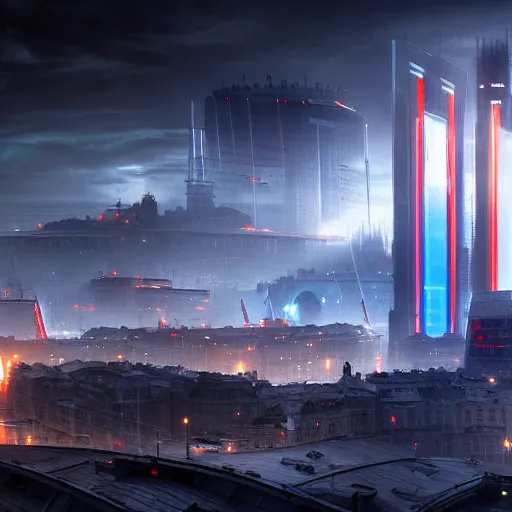 Image similar to Futuristic Cyberpunk Cracow town Poland from future star wars, dramatic lighting , insanely detailed, art station, 8K HD resolution , dramatic lighting, thunders