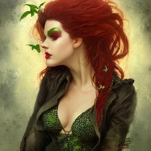 Prompt: a beautiful and detailed matte painting of a poison ivy dressed casually in clothes from hot topic, food court in a mall, dark eyeliner, intricate, elegant, highly detailed, digital painting, artstation, concept art, matte, sharp focus, illustration, art by greg rutkowski and alphonse mucha