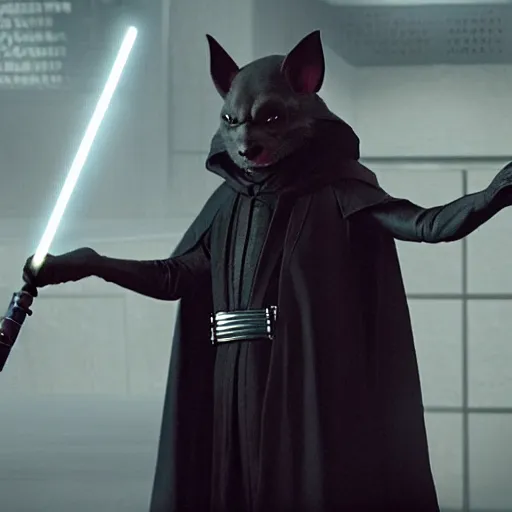 Image similar to a film still of master splinter as a sith lord wearing black attire realistic, detailed