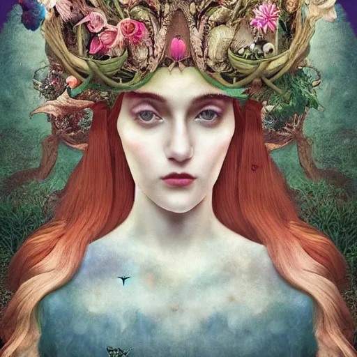 Image similar to a detailed portrait of young woman in renaissance dress and a surreal renaissance headdress, very surreal garden, cyberpunk, surreal tea party, strange creatures, by christian schloe and botticelli, naotto hattori, amy sol, roger dean, moody colors