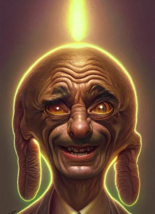 Image similar to anthropomorphic highly detailed group portrait of funny mr bean neon giant cute eyes hermit, intricate, elegant, digital painting, artstation, concept art, smooth, sharp focus, illustration, art by artgerm, bob eggleton, michael whelan, stephen hickman, richard corben, wayne barlowe, greg rutkowski, alphonse mucha, 8 k