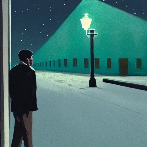 Prompt: a detailed portrait of a lonely man with a skull as his head waiting for the bus at night, green dramatic and cinematic light from the streetlight, the background is the sky full of stars, in the style of edward hopper, 4 k,