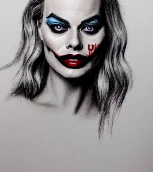 Image similar to margot robbie portrait with joker makeup, pencil drawing, realistic face, beautiful eyes, smiling, hyper realistic, highly detailed