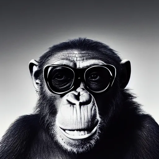 Prompt: high quality landscape photo of a smiling happy chimpanzee wearing cool dark sunglasses, ultra wide lens picture, detailed picture, cinematic composition, cinematic lighting, by edgar wright and david lynch