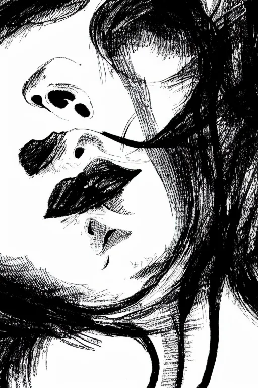 Image similar to ink lineart drawing of a beautiful woman, doll face, big lips, white background, etchings by goya, chinese brush pen, illustration, high contrast, deep black tones contour