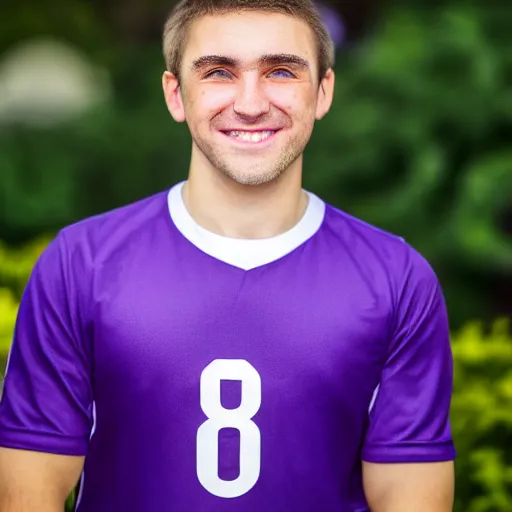 Image similar to a photographic portrait of a young Caucasian man smiling with short brown hair that sticks up in the front, blue eyes, groomed eyebrows, tapered hairline, sharp jawline, wearing a purple white volleyball jersey, sigma 85mm f/1.4, 15mm, 35mm, 4k, high resolution, 4k, 8k, hd, full color