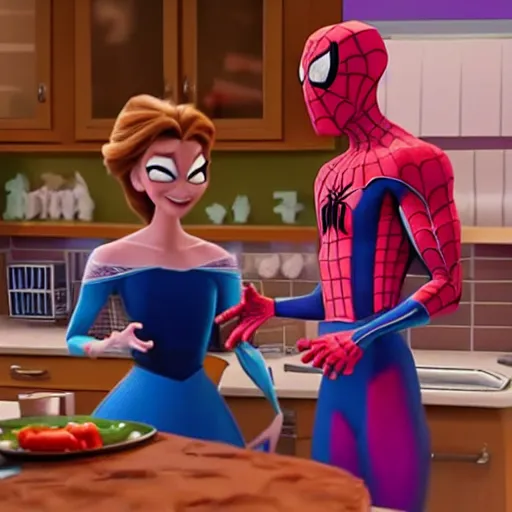 Image similar to spiderman and pregnant princess elsa talking in the kitchen, into the spiderverse cinematic render, ( 2 0 1 8 ) sony animation official media, clear details, award winning, blue gown, third trimester