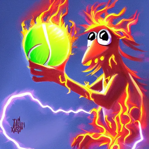 Prompt: a tennis ball monster ,tennis ball, fire, flames, lightning, rain, chalk, digital art, fantasy, magic, trending on artstation, ultra detailed, professional illustration by Basil Gogos