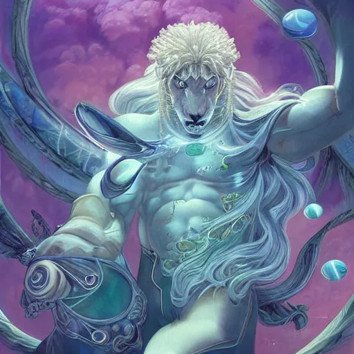 Image similar to aesthetic portrait commission of a albino muscular and attractive anthro lion with mane turning into green cosmic smoke while wearing an attractive pastel greek jeweled outfit floating inside a floating palace in the clouds, minimalistic art, hyperdetailed. Character design by charlie bowater, ross tran, artgerm, and makoto shinkai, detailed, inked, western comic book art, 2021 award winning painting