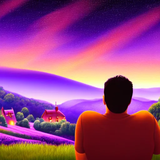 Prompt: idealized detailed image of a content man thinking to himself while in a dream-like environment, looking over a landscape of bright, rolling hills, a quaint little village in the background and starlit skies, the sky has purple/light orange undertones