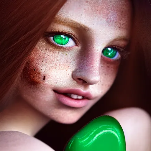 Image similar to ! beautiful hyperrealism hyperdetailed selfie of a cute young woman with vivid emerald green eyes, sitting in her car, long bronze brown hair, flushed face, red blush, light freckles, big puffy lips, smiling softly, soft features, 8 k, sharp focus, art by irakli nadar, instagram, portra 4 0 0