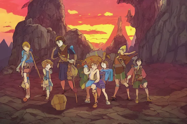 Prompt: cell shaded key visual of a group of adventurers find treasure in a dungeon, in the style of studio ghibli, moebius, makoto shinkai,